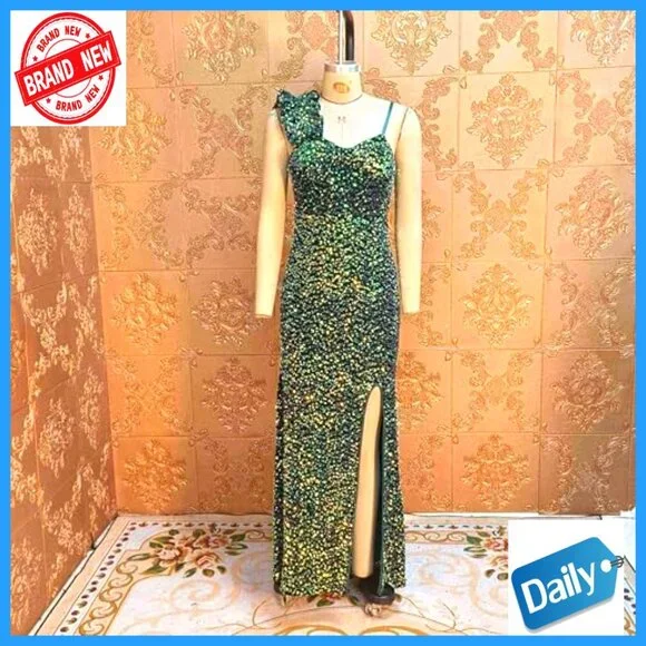 Sequin Mermaid Dress Elegant Bodycon Formal Evening Gown High Split Ruffled Hem